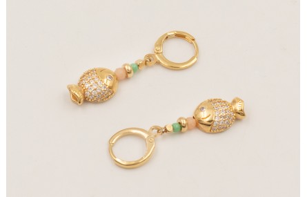 Pendientes ORO18K cierre aro, Colgante pez brillos