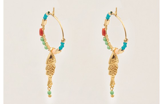 Pendientes ORO18K pez colgando con semipreciosas a