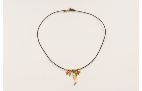 Collar ORO18K cuero marrón fino nudos con colgante