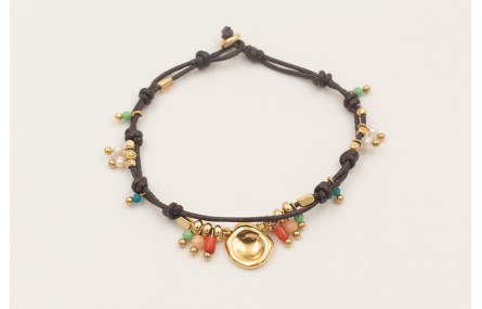 Pulsera ORO18K cuero marrón fino doble nudos con c