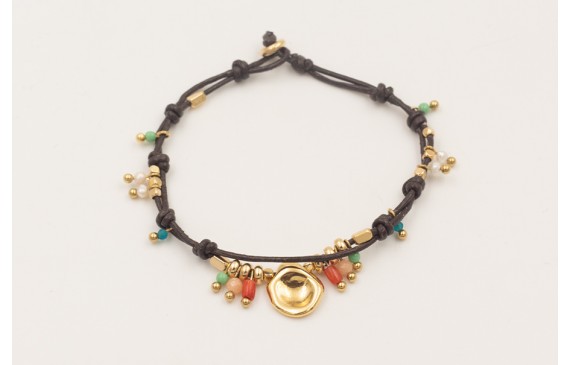 Pulsera ORO18K cuero marrón fino doble nudos con c