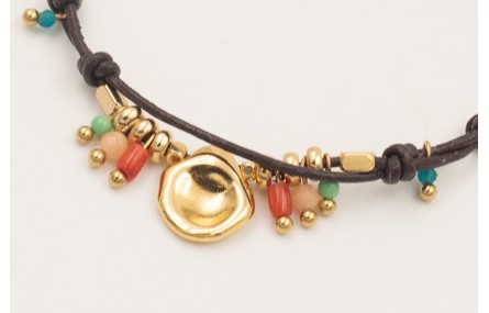 Pulsera ORO18K cuero marrón fino doble nudos con c