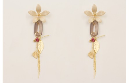 Pendientes perno flor beige eslabón jade gris con 