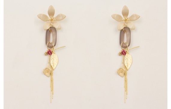 Pendientes perno flor beige eslabón jade gris con 