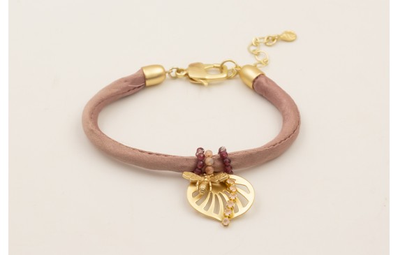 Pulsera seda rellena color gris con aritos de semi