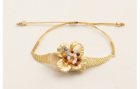 Pulsera rombo malla dorada mate con flor, burruño 