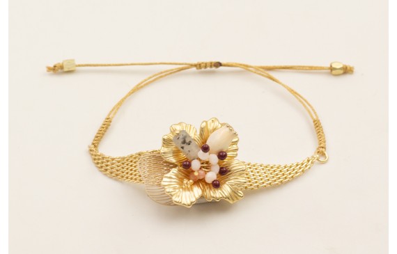 Pulsera rombo malla dorada mate con flor, burruño 