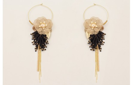 Pendientes aro con flora alambre esmalte beige, fl