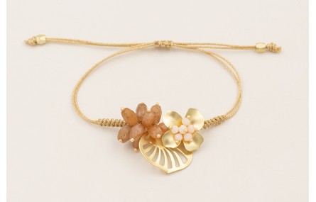 Pulsera hoja calada dorada mate,ovalos facetados p