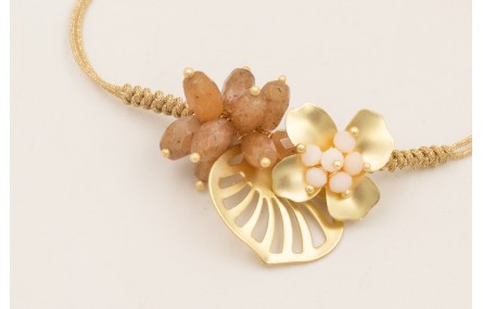 Pulsera hoja calada dorada mate,ovalos facetados p