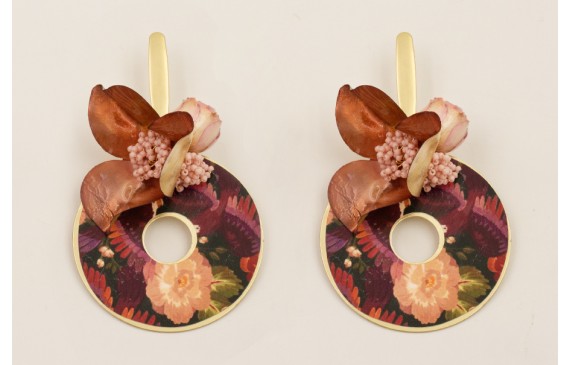 Pendientes disco flores rosas y granates, flor gra