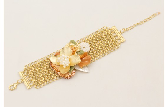 Pulsera malla con flor grande dorada mate, flor na