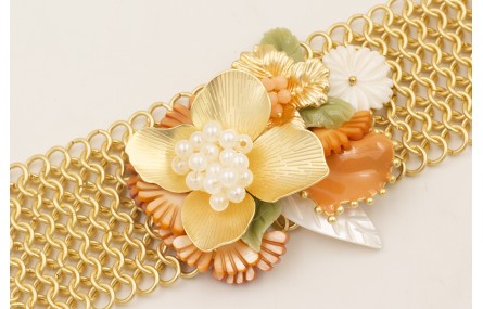 Pulsera malla con flor grande dorada mate, flor na