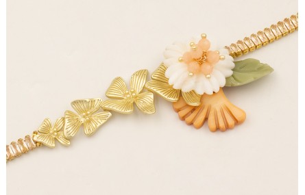 Pulsera cadena strass rectangular cristal, flores 