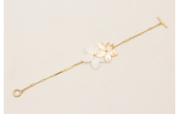 Pulsera cadena listones dorado mate con 2 flores d