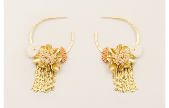 Pendientes aro labrado con colgante fleco, flor na