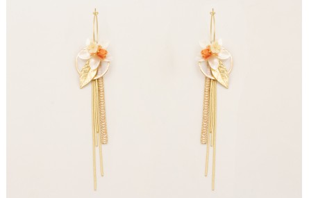 Pendientes disco nacar, hoja dorada mate, fleco ca