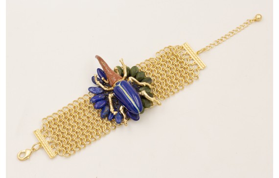 Pulsera escarabajo azul y marrón, gotas lapislazul