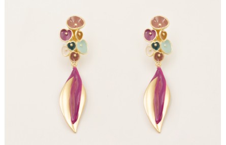 Pendientes perno flores esmaltadas marrón,turquesa