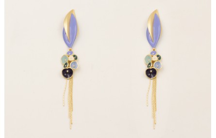 Pendientes hoja bicolor oro mate y azul con colgan