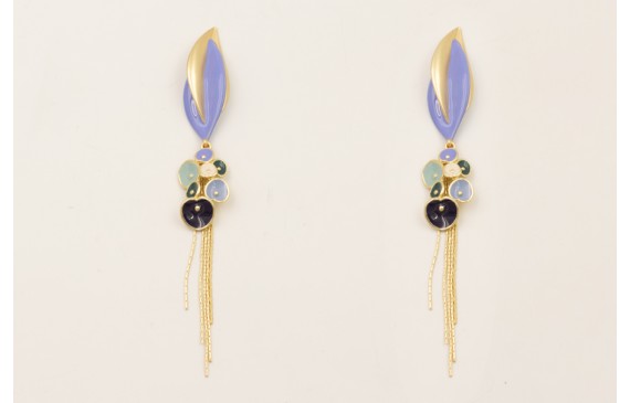 Pendientes hoja bicolor oro mate y azul con colgan