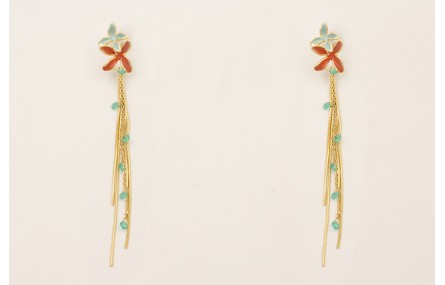 Pendientes perno doble flor esmaltada turquesa y t