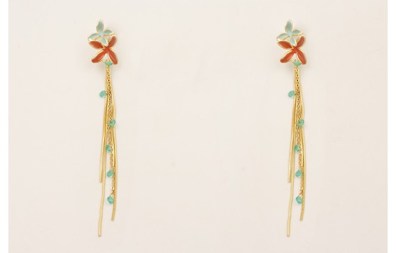 Pendientes perno doble flor esmaltada turquesa y t