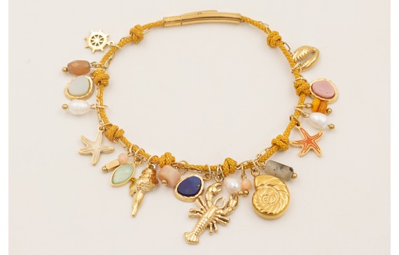 Pulsera ACERO INOXIDABLE cordón mostaza y cadena e