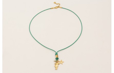 Collar cordón hilo dorado color turquesa con colga