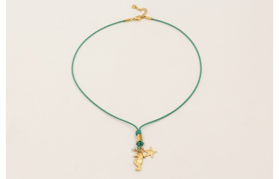 Collar cordón hilo dorado color turquesa con colga