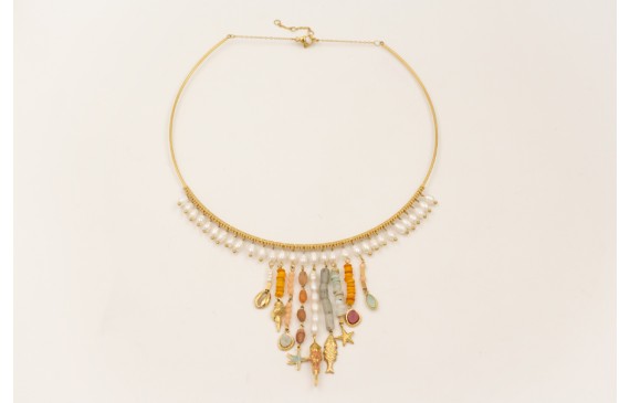 Collar rigído ACERO INOXIDABLE con perlas natural,