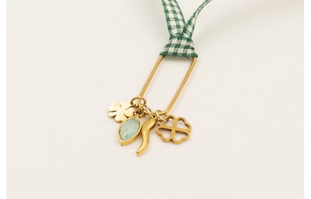 Collar ACERO INOXIDABLE lazo vichy cuadros verdes,