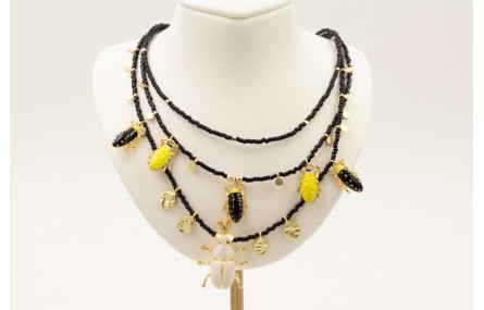 Collar 3 vueltas abalorios y miyukis negros con co