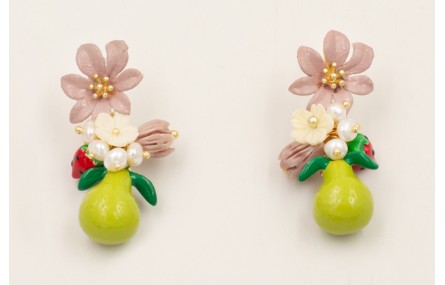 Pendientes flor pintada a mano lila con pera esmal