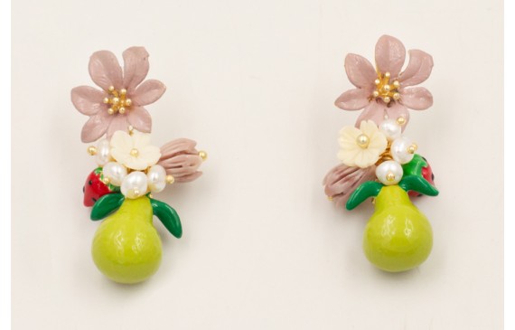 Pendientes flor pintada a mano lila con pera esmal