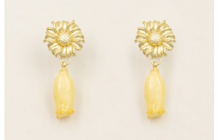 Pendientes perno girasol dorado mate con colgante 