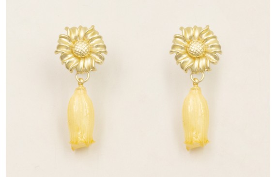 Pendientes perno girasol dorado mate con colgante 