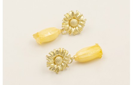 Pendientes perno girasol dorado mate con colgante 