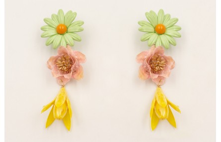 Pendientes flor grande esmaltada verde con campani