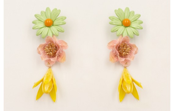 Pendientes flor grande esmaltada verde con campani