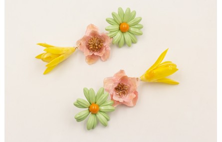 Pendientes flor grande esmaltada verde con campani