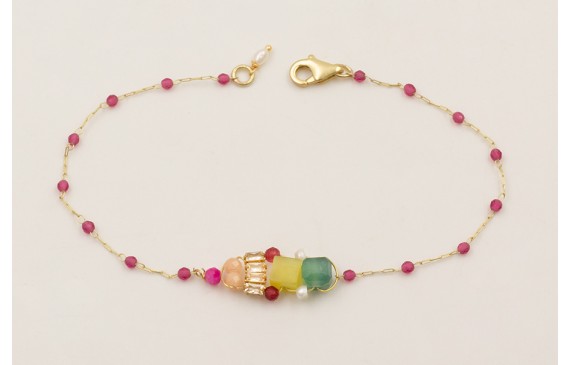 Pulsera cadena facetadas color frambuesa con centr