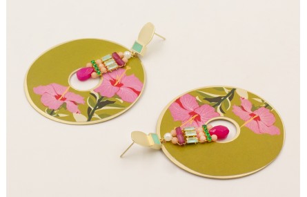 Pendientes cuadrado turquesa con disco flores lila