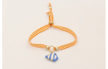 Pulsera lazo vichy naranja con pez esmaltado azul 