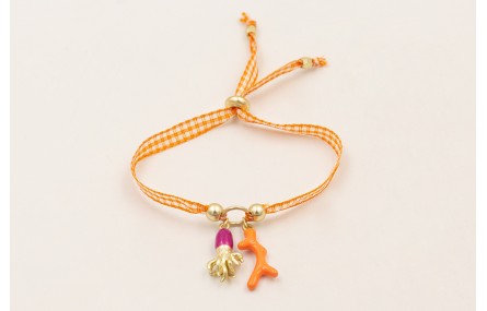 Pulsera lazo vichy naranja con rama coral esmalte 
