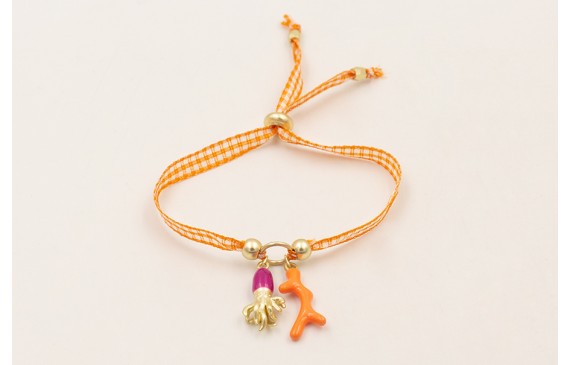 Pulsera lazo vichy naranja con rama coral esmalte 