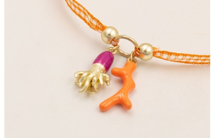 Pulsera lazo vichy naranja con rama coral esmalte 