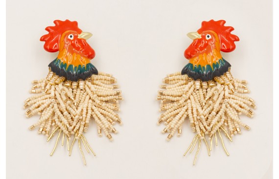 Pendientes gallo esmaltado con flecos abalorio bei