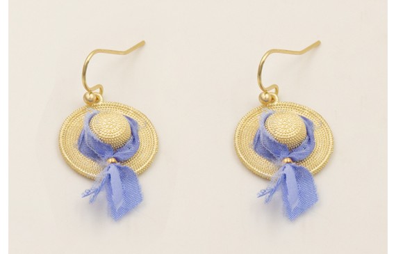 Pendientes sombrero dorado mate con cinta seda azu