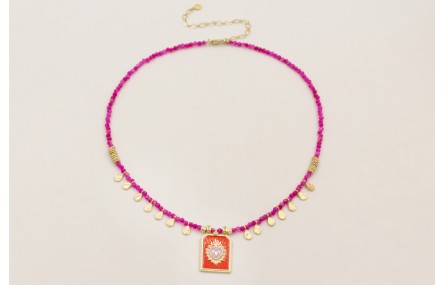 Collar facetadas piedra cuarzo fucsia con colgante